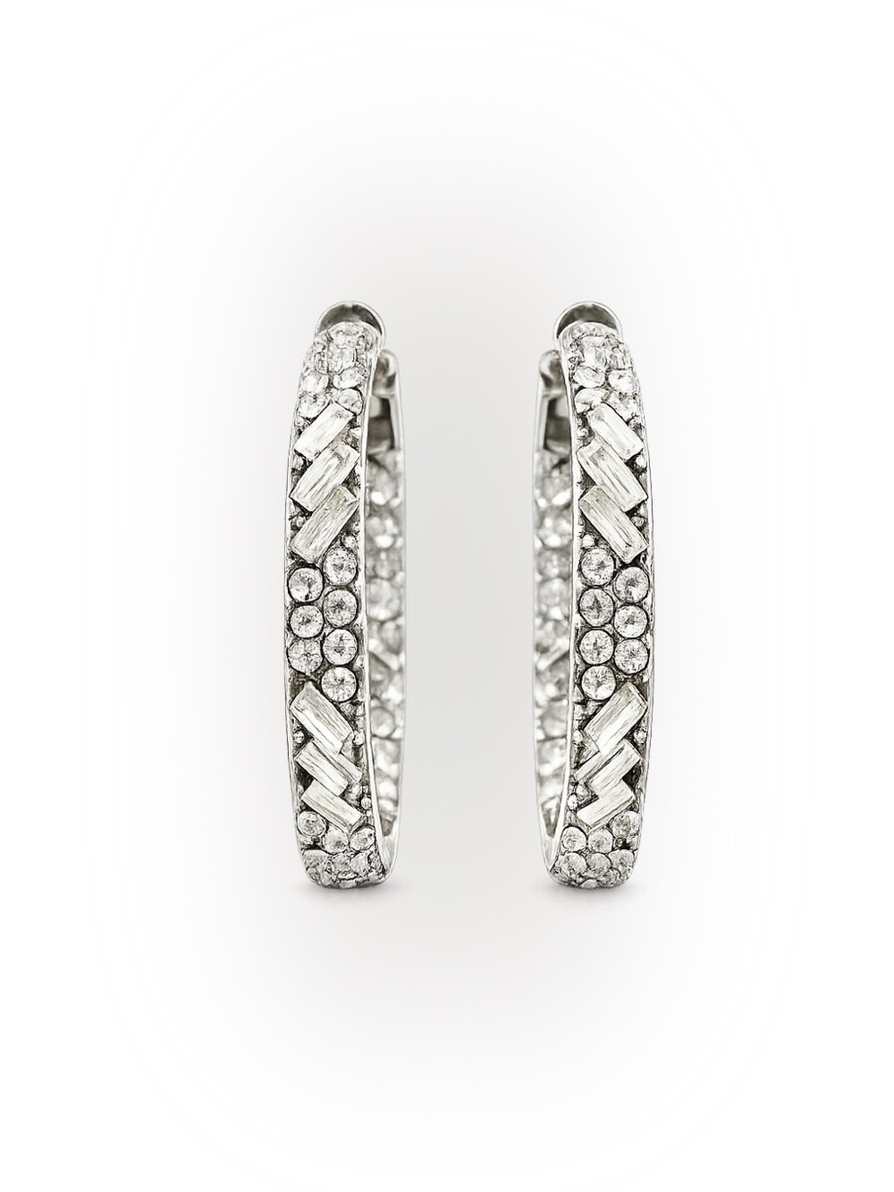 Clear Stone Large Hoop Earrings Approx. 1.75” Silver Tone Bling Fashion Pierced